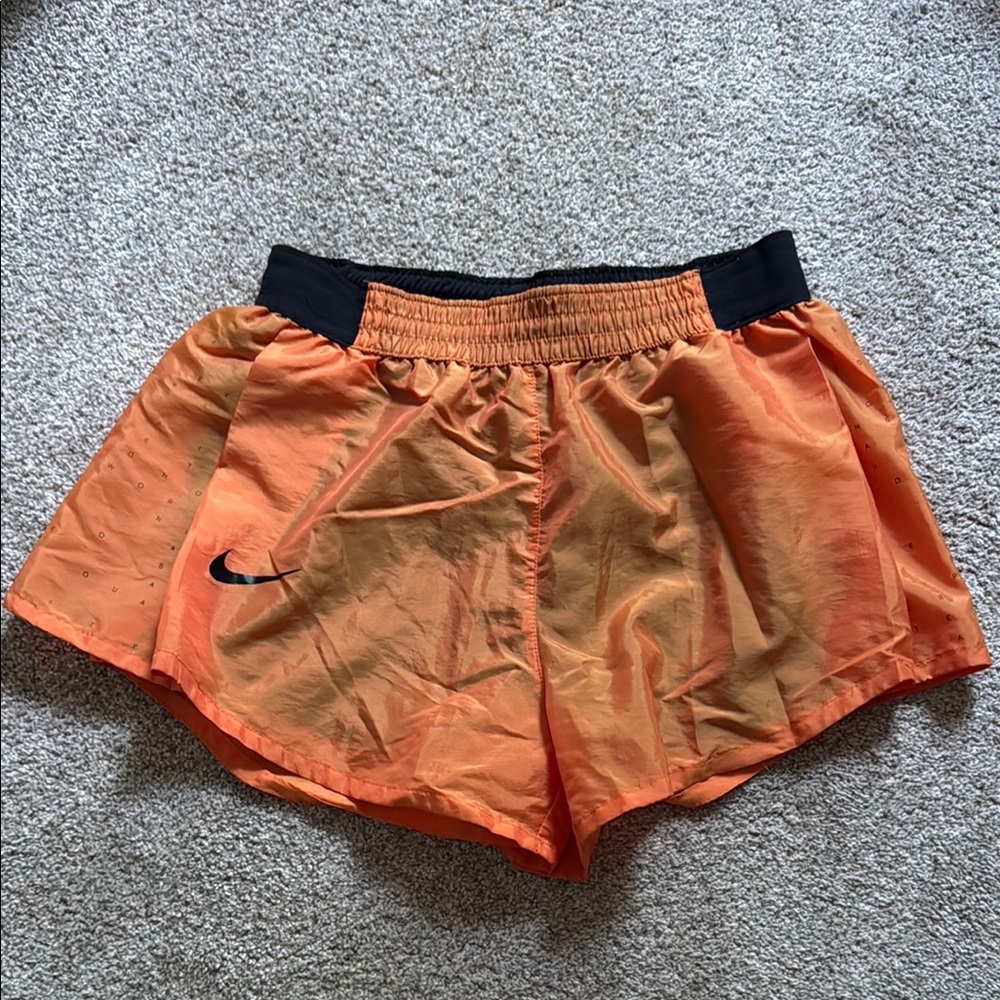Nike Women's Orange Athletic Shorts with Black Waistband